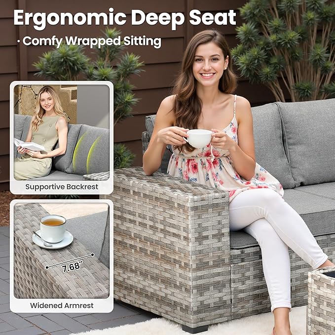 ovios 8 Pieces Patio Furniture Set, Outdoor Wicker Sectional Sofa with Swivel Chair Coffee Table, Modern Modular Deep Seat Rattan Couch Conversation Sets, Black