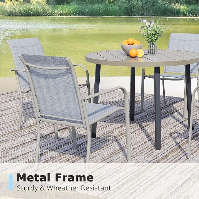 5 Pieces Round Dining Table Set for 4, Patio Dining Set Includes 4 Beige Blue Stackable Patio Chairs and 1 Honey Oak Round Table, Patio Furniture Sets with Sling Support for Outside, Garden