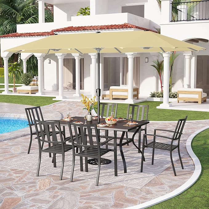 PHI VILLA 7 Piece Patio Dining Set with Umbrella, 60” Rectangular Metal Dining Table & 6 Stackable Metal Chairs & 13ft Large Beige Umbrella for Outdoor, Deck, Yard, Porch