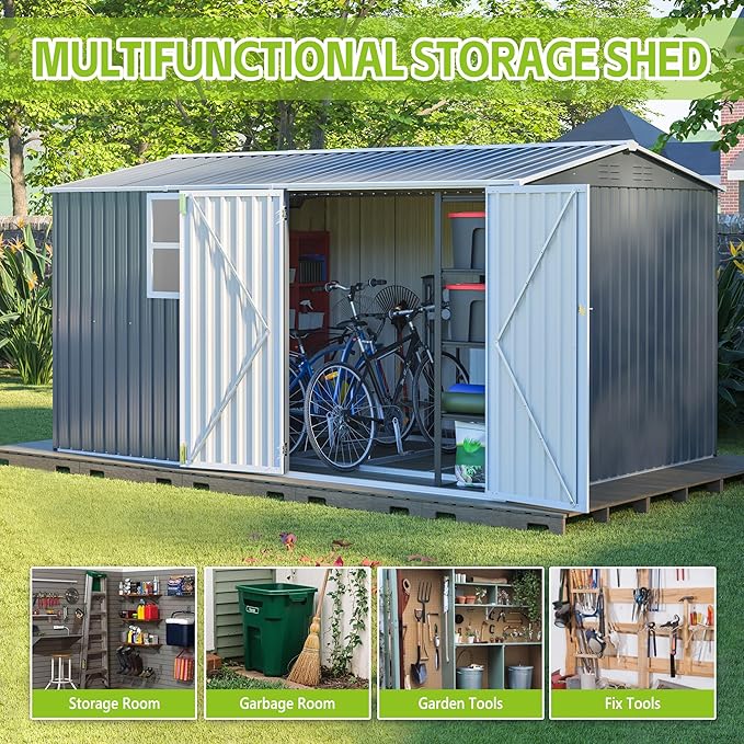 8x12 FT Shed Outdoor Storage Metal Large Garden Tool Sheds with Lockable Doors Floor Frame Window Gable Roof Waterproof Steel Utility Equipment Sheds for Backyard Patio Lawn Poolside, Grey