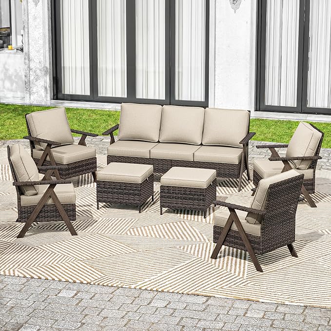 7 Pieces Patio Furniture Set,Outdoor Sofa & High Back Wicker Patio Chairs, Patio Conversation Set with Ottoman for Deck Yard and Poolside