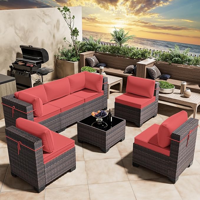 Outdoor Patio Furniture Set, 7 Pieces Outdoor Furniture All Weather Patio Sectional Sofa PE Wicker Modular Conversation Sets with Coffee Table,6 Chairs & Seat Clips(Red)