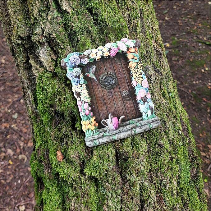 Miniature Fairy Door, Wooden Gnome Door for Trees Wall, Fairy Garden Outdoor Decor Accessories