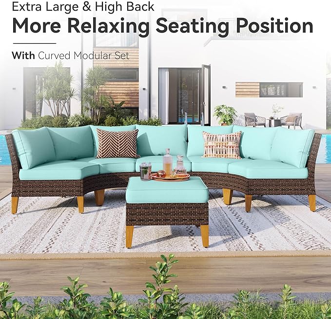 GREEN PARTY 9 Pieces Wicker Patio Furniture Set, All-Weather Outdoor Rattan Half-Moon Curved Patio Sectional Sofa Conversation Set with 4" Thick Cushions for Garden, Backyard, 2 x Ottomans (Blue)