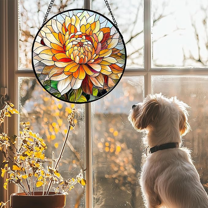 Stained Glass Window Hanging - Chrysanthemum Suncatcher for Doors Garden Patio Birth Flowers Sun Catchers Decor Christmas Mother's Day Birthday Gifts for Women Men Mom Nana Friend 9.8 in