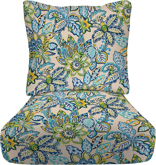 RSH DECOR Deep Seating Cushion with Pillow Back | 22” x 25” Seat | Water and Fade-Resistant Spun Fabric | Outdoor Chair Cushion Set for Patio Furniture | Copeland Caribe Blue