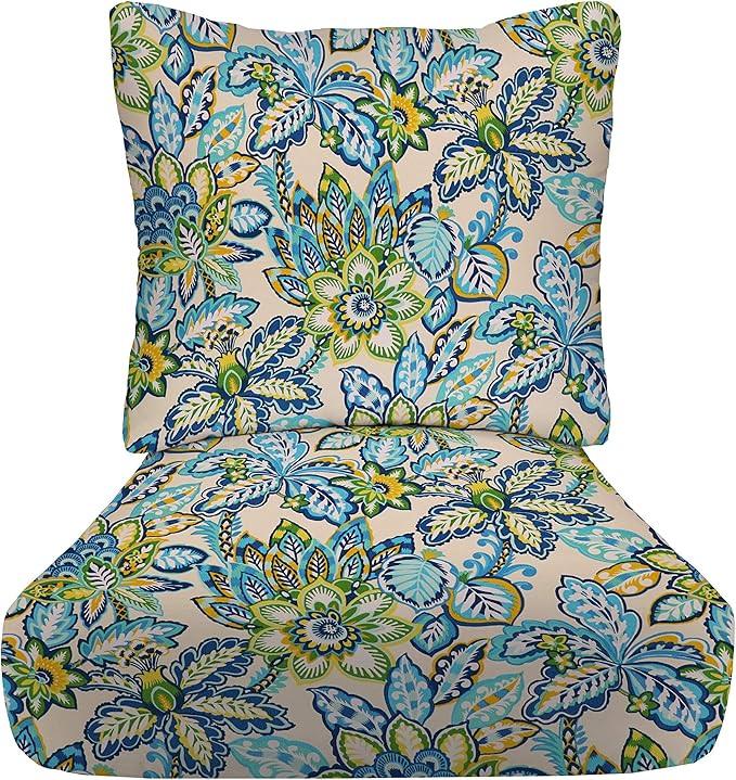 RSH DECOR Deep Seating Cushion with Pillow Back | 25” x 25.5” Seat | Water and Fade-Resistant Spun Fabric | Outdoor Chair Cushion Set for Patio Furniture | Copeland Caribe Blue