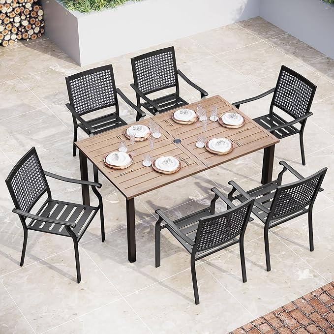 Sophia & William Patio Table and Chairs Set, Outdoor Dining Set for 6, 7 Piece Metal Patio Furniture, 60" Rectangular Table with Wood-Like Tabletop(Beehive)
