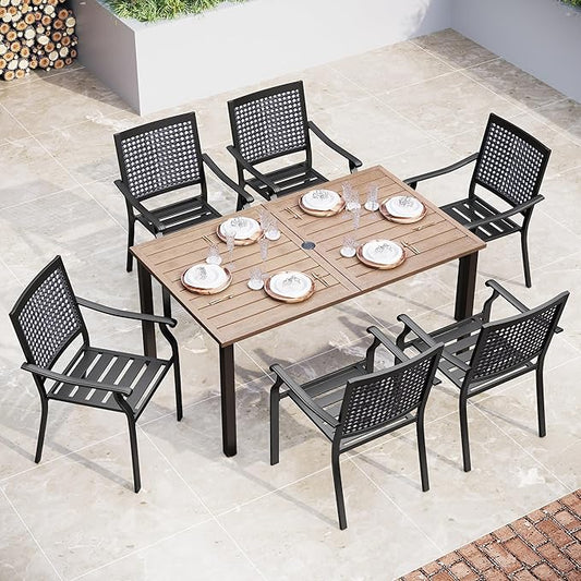 Sophia & William Patio Table and Chairs Set, Outdoor Dining Set for 6, 7 Piece Metal Patio Furniture, 60" Rectangular Table with Wood-Like Tabletop(Beehive)