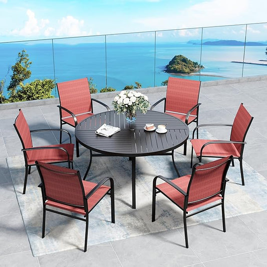 7 Piece Outdoor Dining Set for 6, 54" Round Metal Table with Umbrella Hole, 6 Red Dining Chairs, Patio Table and Chairs Set for Backyard Lawn
