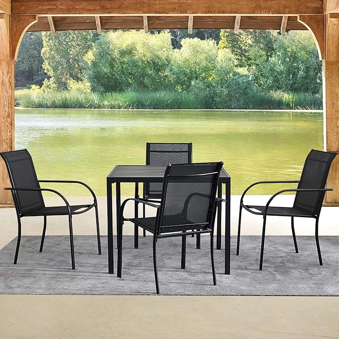 5 Pieces Round Dining Table Set for 4, Patio Dining Set Includes 4 Black Stackable Patio Chairs and Black Square Table, Patio Furniture Sets with Sling Support for Outside, Garden