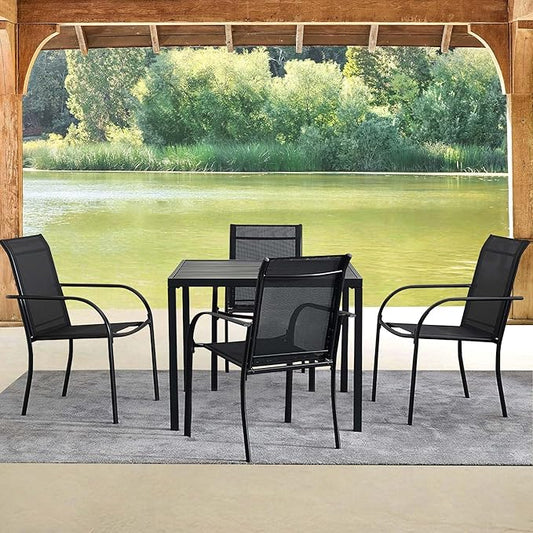5 Pieces Round Dining Table Set for 4, Patio Dining Set Includes 4 Black Stackable Patio Chairs and Black Square Table, Patio Furniture Sets with Sling Support for Outside, Garden