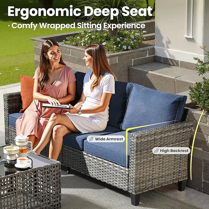 ovios 6 Pieces Patio Furniture Set Outdoor Sofa Couch with Solar Lights Table Comfy Cushions, Modern Deep Seat Wicker Rattan Conversation Set for Porch Deck, Denim Blue