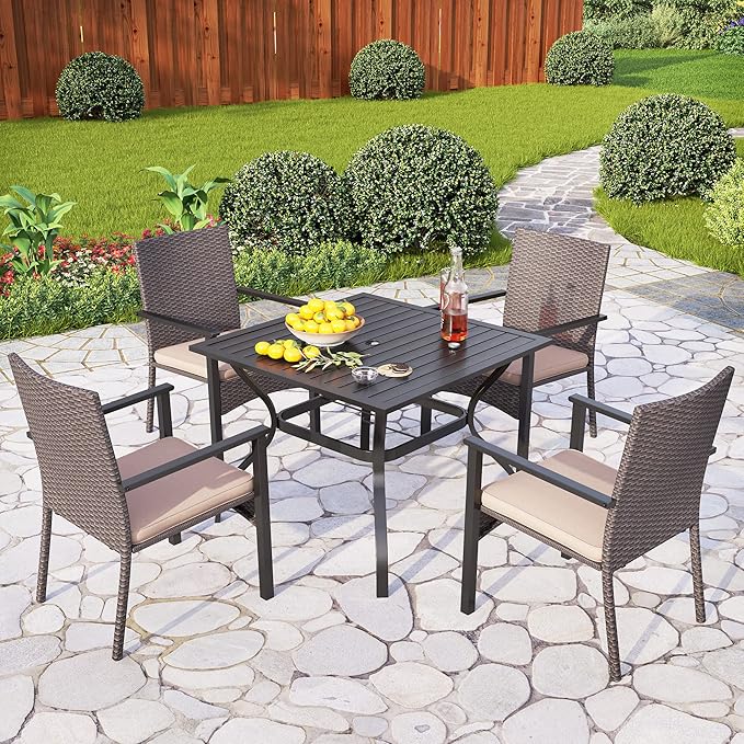 PHI VILLA 5 Piece Outdoor Dining Set for 4, 37" Square Metal Dining Table & 4 Cushioned Rattan Wicker Chairs for Patio, Deck, Yard, Porch