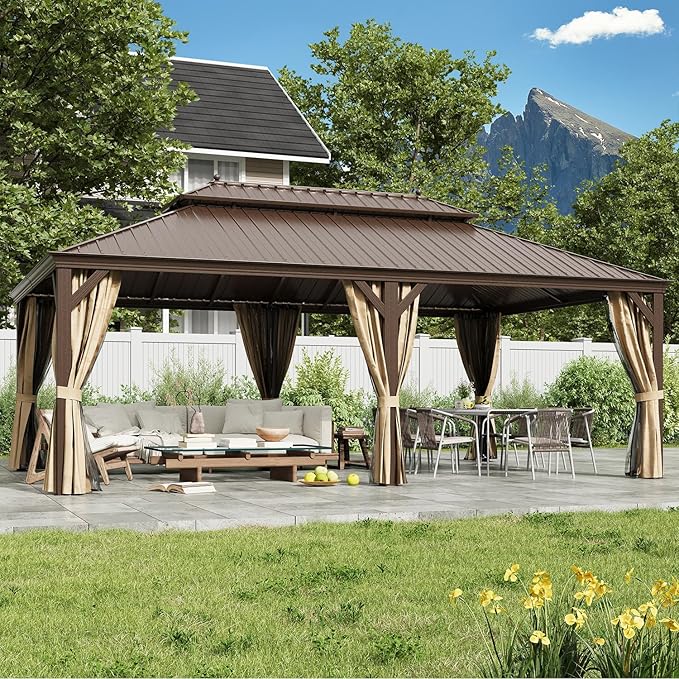 YOLENY 14'x22' Gazebo, Hardtop Gazebo with Galvanized Steel Double Roof, Pergolas Aluminum Frame, Netting and Curtains Included, Metal Outdoor Gazebos for Garden, Lawns