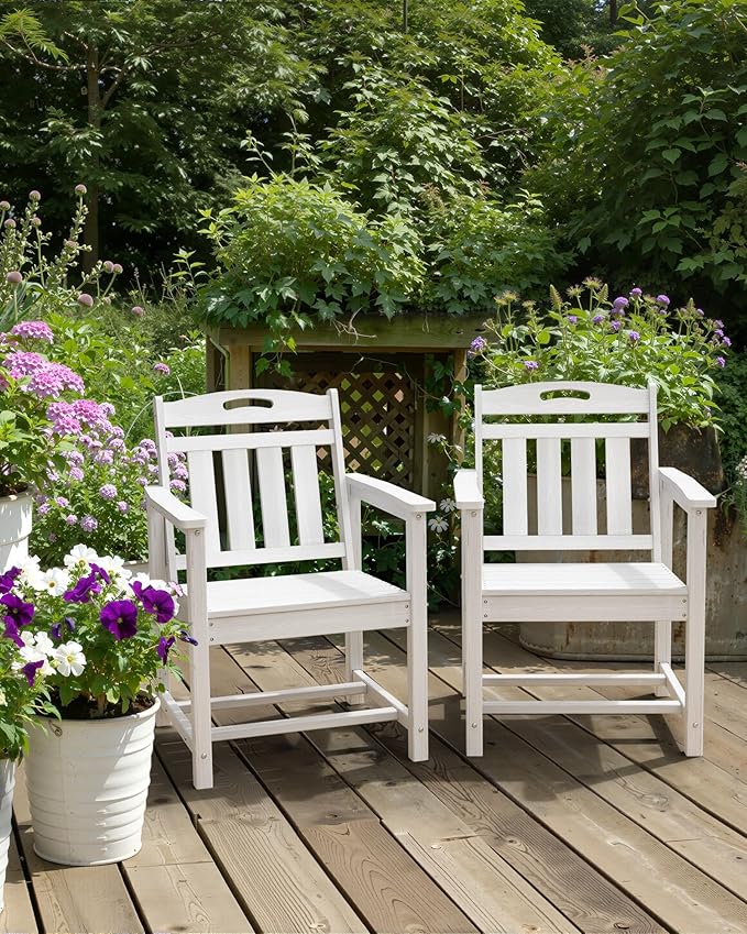 Set of 2 Weatherproof Patio Chairs - HDPE Outdoor Dining Chairs with Wide Seat, Ergonomic Design - for Garden, Backyard, Deck - White