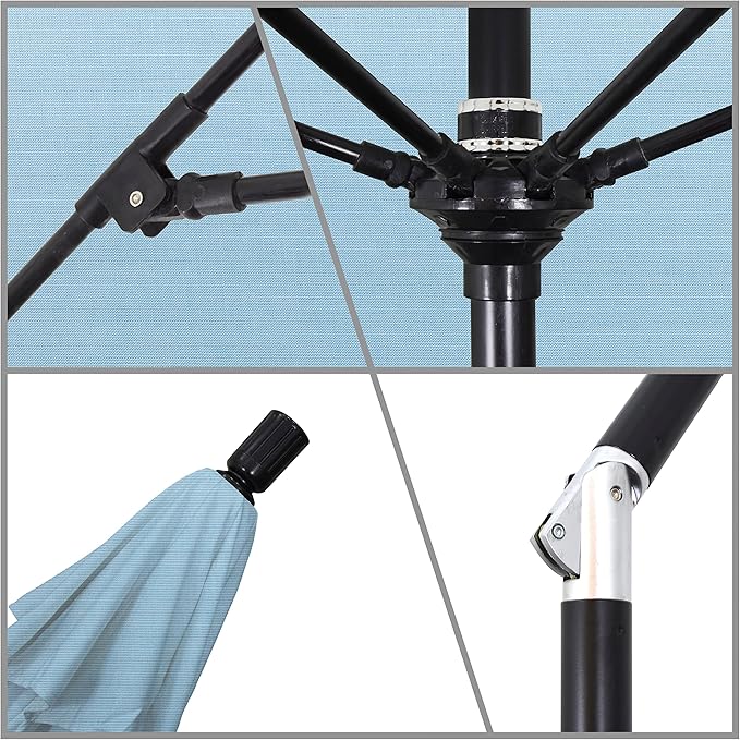 California Umbrella 9' Round Aluminum Pole Fiberglass Rib Market Umbrella, Crank Lift, Collar Tilt, Black Pole, Sunbrella Spectrum Mist