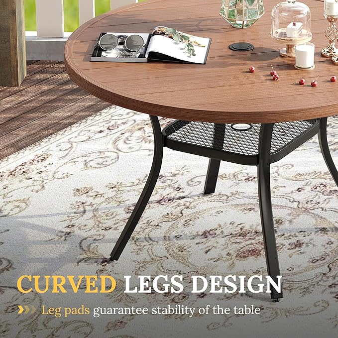 VICLLAX Patio Dining Set for 6, 7 Pieces Outdoor Furniture Includes 47.2" Round Patio Table with Umbrella Hole and 6 Outdoor Swivel Chairs for Lawn Garden, Walnut Tabletop and Mixed Brown Fabric