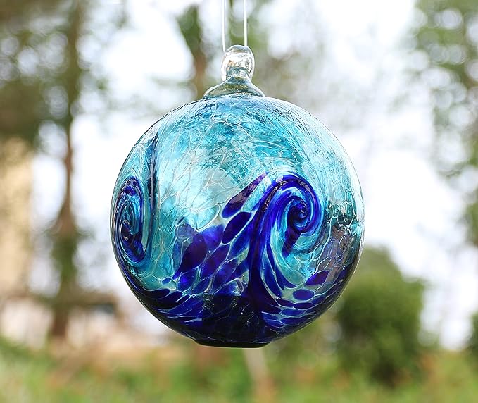 4.6-Inch Solar Hanging Glass Gazing Ball Outdoor Garden Décor Aqua-Blue Swirl