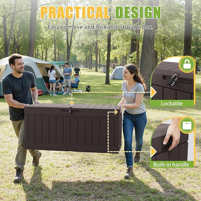 Greesum 82 Gallon Resin Deck Box Large Outdoor Storage for Patio Furniture, Garden Tools, Pool Supplies, Weatherproof and UV Resistant, Lockable, Dark Brown