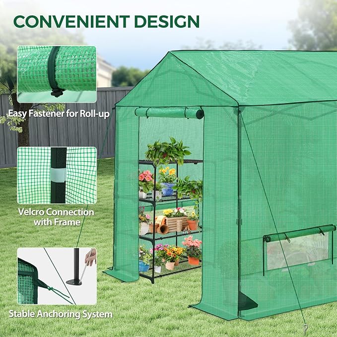 8x8 Pop Up Walk-in Greenhouse, Indoor & Outdoor PE Cover Green House w/ Power Access Ports, Roll-up Zippered Doors and Windows, Green