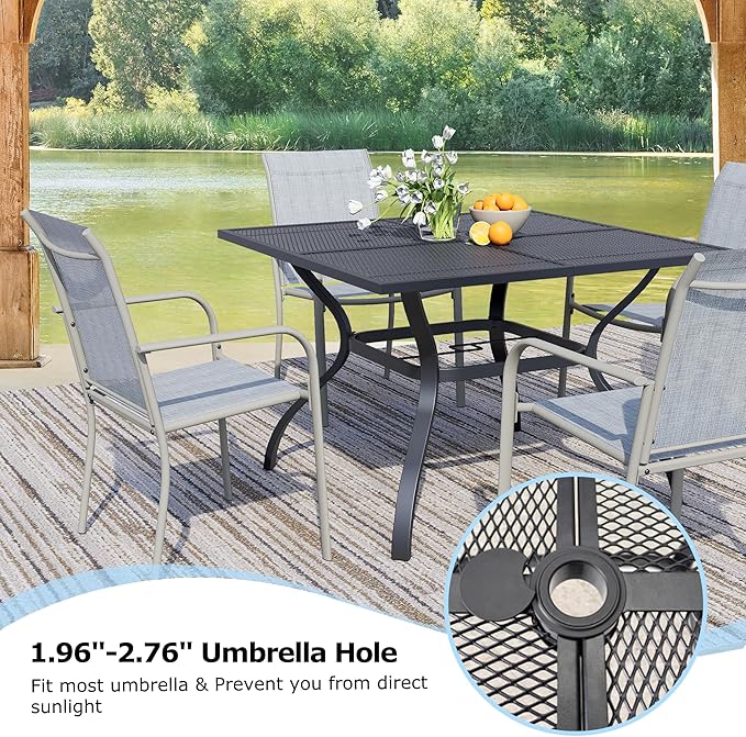 5 Pieces Sqaure Dining Table Set for 4, Patio Dining Set Includes 4 Beige Blue Stackable Patio Chairs and 1 Black Mesh Square Table, Patio Furniture Sets with Sling Support for Outside, Garden
