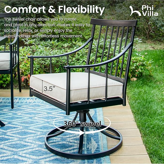 PHI VILLA 5 Pieces Outdoor Dining Set for 4, Square Black Wrought Iron Table with Umbrella Hole & Swivel Metal Chairs with Cushions, Modern Furniture for Patio, Deck, Yard, Porch
