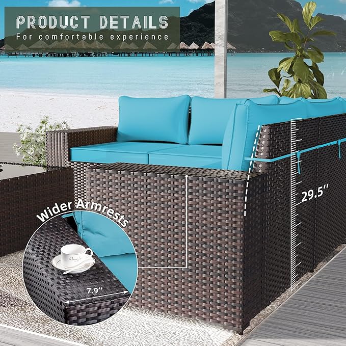 Outdoor Patio Furniture Set with Propane Fire Pit Table, 13 Pieces Outdoor Furniture Patio Sectional Sofa Conversation Sets w/ETL Approved 43" Gas Outdoor Fire Table & Coffee Table Blue.