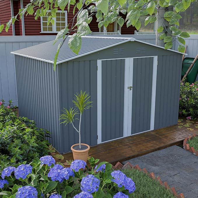 Metal Outdoor Storage Sheds 8 x 6 FT Lockable Metal Garden Shed Steel Anti-Corrosion Storage House with Double Lockable Door for Backyard Outdoor Patio