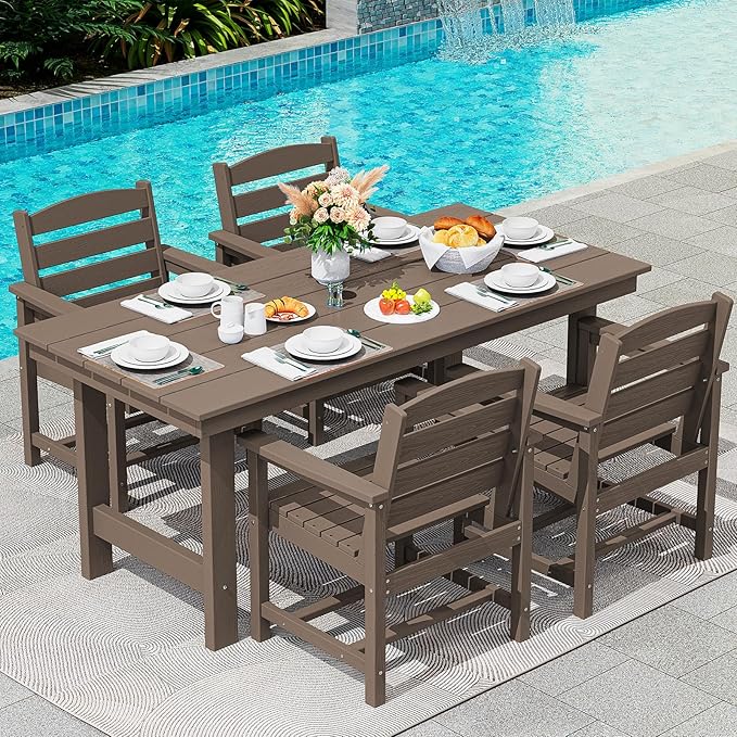 SERWALL 6-Person Outdoor Dining Table - 67" Rectangle HDPE Patio Table with Center Umbrella Hole, Weatherproof, Coffee