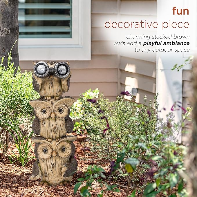 Alpine Corporation 25" Tall Outdoor Solar Powered Binocular Owls Yard Statue with LED Lights