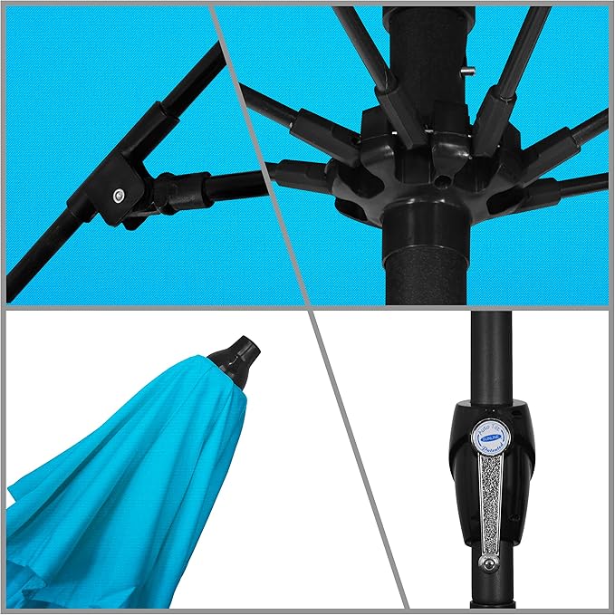 California Umbrella 9' Rd Sunbrella Aluminum Patio Umbrella, Crank Lift, Auto Tilt, Bronze Pole, Canvas Cyan Fabric