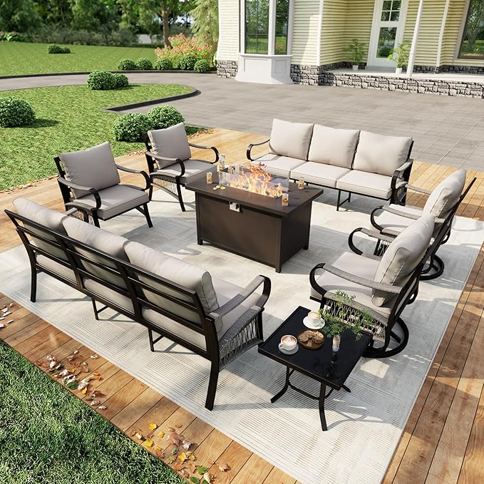 8 Pieces Outdoor Patio Conversation Sets with All Weather Cushions, Metal 2 Three-Seater, 2 Swivel Rockers, 2 Single Chairs, 1 Side Tables, 1 Fire Pit Table for Backyard Deck Porch Poolside, Beige
