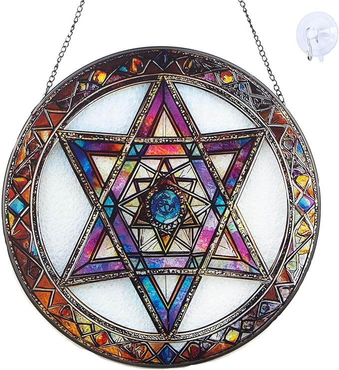 Star of David Suncatcher Stained Glass Window Hanging - 9.84inch Hand-Painted Sun Catcher Garden Hanging Decoration with Metal Chain Outdoor Garden Decor Gift for Women