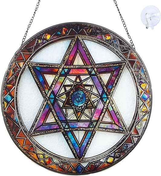 Star of David Suncatcher Stained Glass Window Hanging - 9.84inch Hand-Painted Sun Catcher Garden Hanging Decoration with Metal Chain Outdoor Garden Decor Gift for Women
