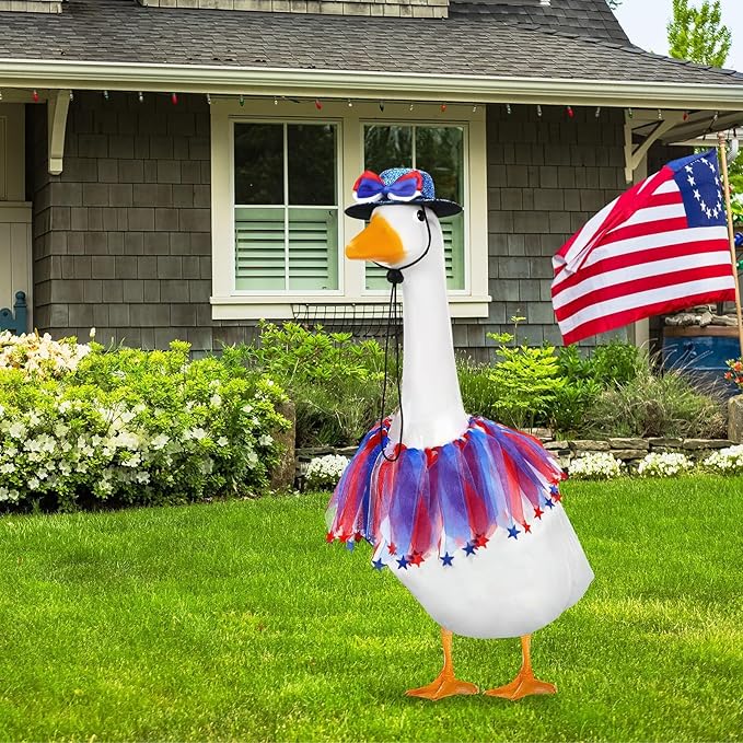 Independence Day Goose Outfit, 2 Pcs Set Hat and Tulle Ballet Skirt for 23" 17" Cement Statue Lawn Goose Clothes Costumes 4th of July Goose Outfit for Party Outdoor Patio Yard Lawn Decor