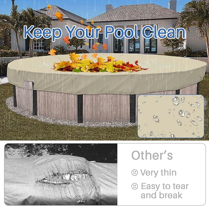 ECOOPTS 8 ft Waterproof Round Polyester Pool Cover for Above Ground Pools, Swimming Pool Cover Protector Winter Safety Cover (Beige)