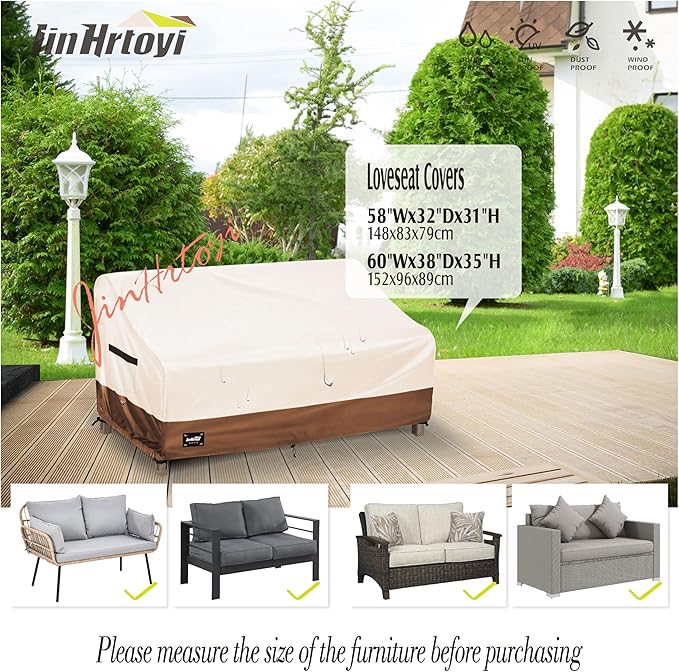 2-Seater Outdoor Couch Cover,58" Wx32 Dx31 H Inches Patio Loveseat Cover,100% Waterproof Heavy Duty Patio Sofa Covers,Patio Furniture Covers,Beige&Brown