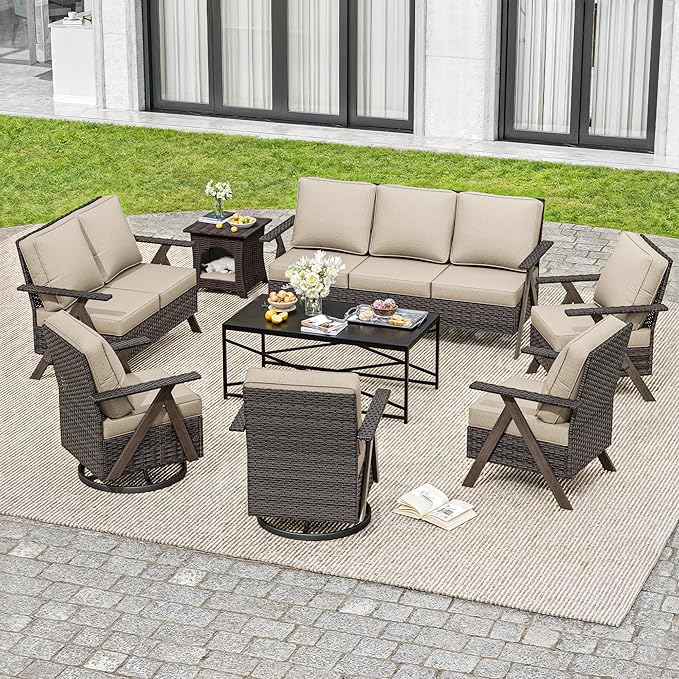 8 Pieces Patio Furniture Set,Outdoor Loveseat Sofa & High Back Swivel Rocker Patio Chairs, Wicker Conversation Set with Coffee Table and Side Table for Deck Yard and Poolside