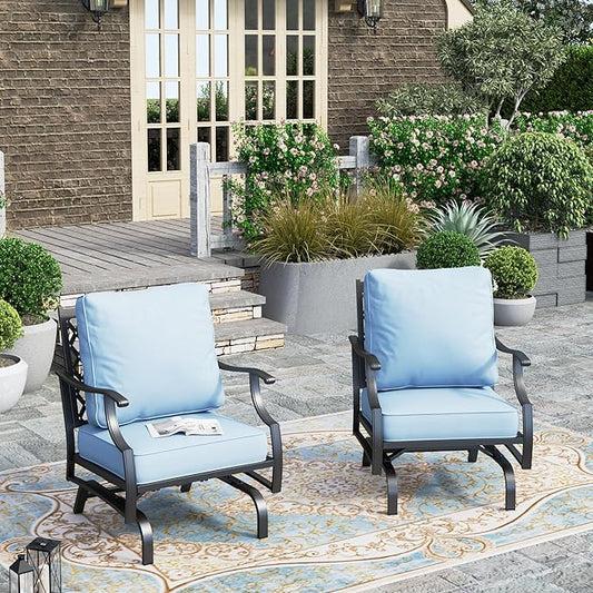 HERA'S HOUSE Outdoor Chairs Set of 2, 2 x Patio Chair with Blue Cushions, All Weather Outdoor Furniture for Lawn Garden Backyard Deck(Rocking Chairs)