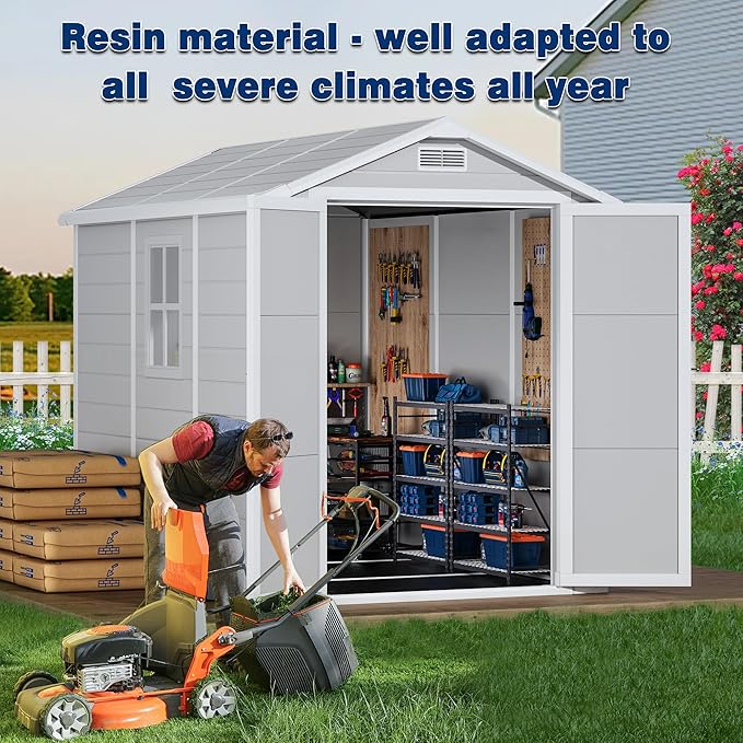 8.7x5.5 FT Resin Outdoor Storage Shed with Floor, Weather-Resistant Plastic Garden Shed with Windows, Lockable Door and Vents, Outside Tool Storage Sheds for Backyard, Garden, Lawn, Grey
