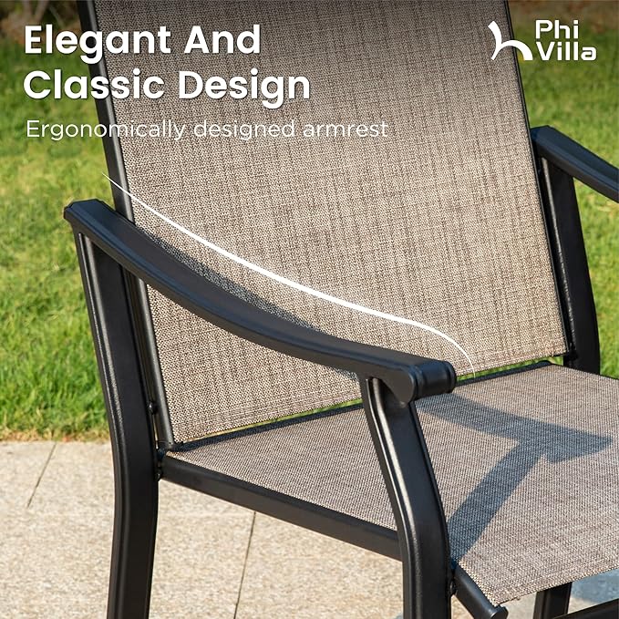 PHI VILLA 5 pcs Patio Dining Table and Chairs,Textilene Dining Chairs Sturdy and Durable and Square Metal Table with Wooden Table Top,Black Frame with E-Coating for Lawn,Garden