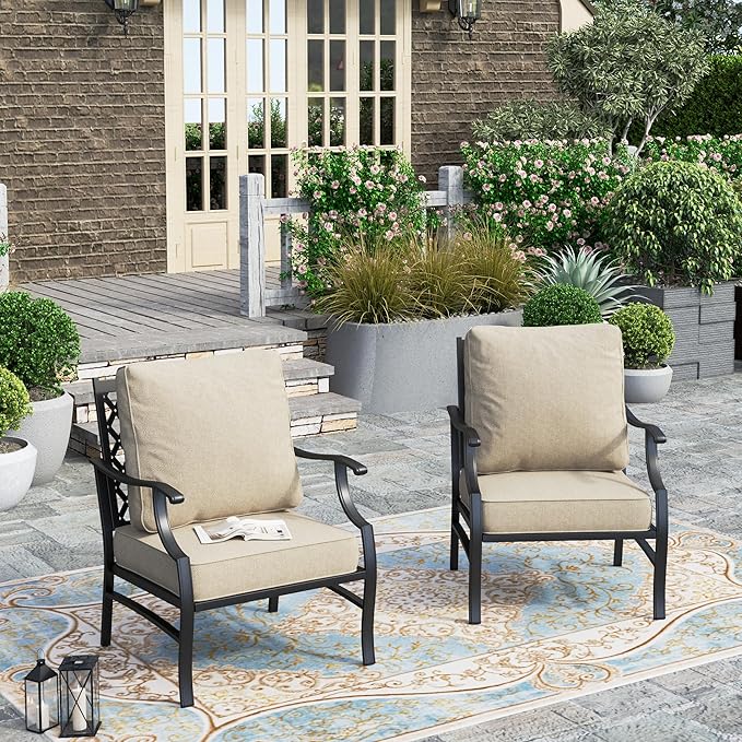 HERA'S HOUSE Outdoor Chairs Set of 2, 2 x Patio Chair with Beige Cushions, All Weather Outdoor Furniture for Lawn Garden Backyard Deck(Leg Chairs)