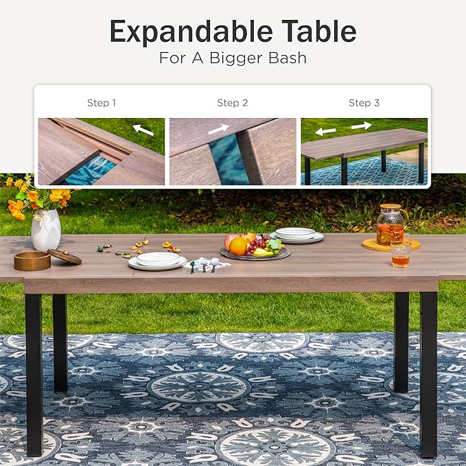 PHI VILLA 7 Piece Outdoor Dining Set for 6, Expandable Wood-Like Metal Dining Table & Wicker Chairs with Cushions, Large Dining Furniture for Patio, Deck, Backyard, Porch