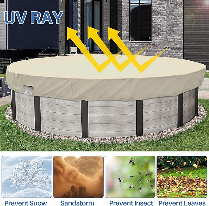 ECOOPTS 16 ft Waterproof Round Polyester Pool Cover for Above Ground Pools, Swimming Pool Cover Protector Winter Safety Cover (Beige)