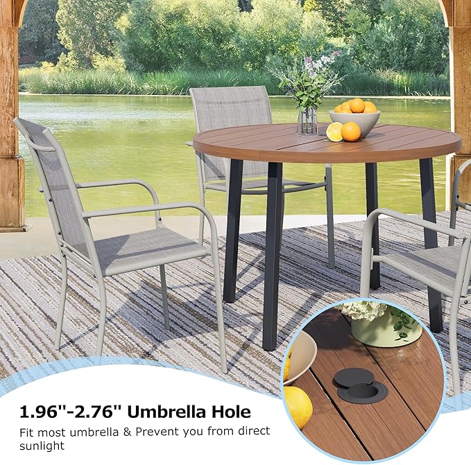 5 Pieces Round Dining Table Set for 4, Patio Dining Set Includes 4 Grey Stackable Patio Chairs and 1 Walnut Round Table, Patio Furniture Sets with Sling Support for Outside, Garden