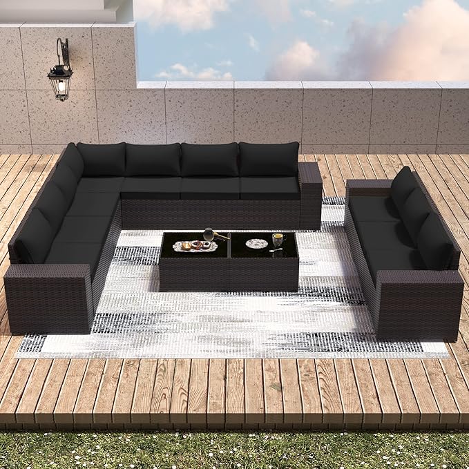 Outdoor Patio Furniture Set with Propane Fire Pit Table, 13 Pieces Outdoor Furniture Patio Sectional Sofa Conversation Sets w/ETL Approved 43" Gas Outdoor Fire Table & Coffee Table(Black)