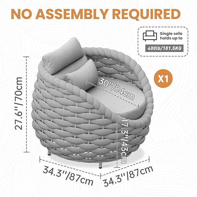 Patio Deck Accent Chair: Large Woven Rope Chair Cushioned - Aluminum Modern Single Lounge Armchair Assembled - All Weather Outdoor Seating for 400lbs Lanai Balcony Porch Yard Garden Hotel, Gray