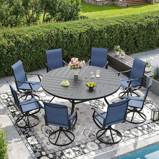 DIFY 9 Pieces Outdoor Patio Dining Set, 8 Blue Textilene Swivel Dining Chairs and 59.8" Black Round Metal Dining Table, Outdoor Table and Chairs