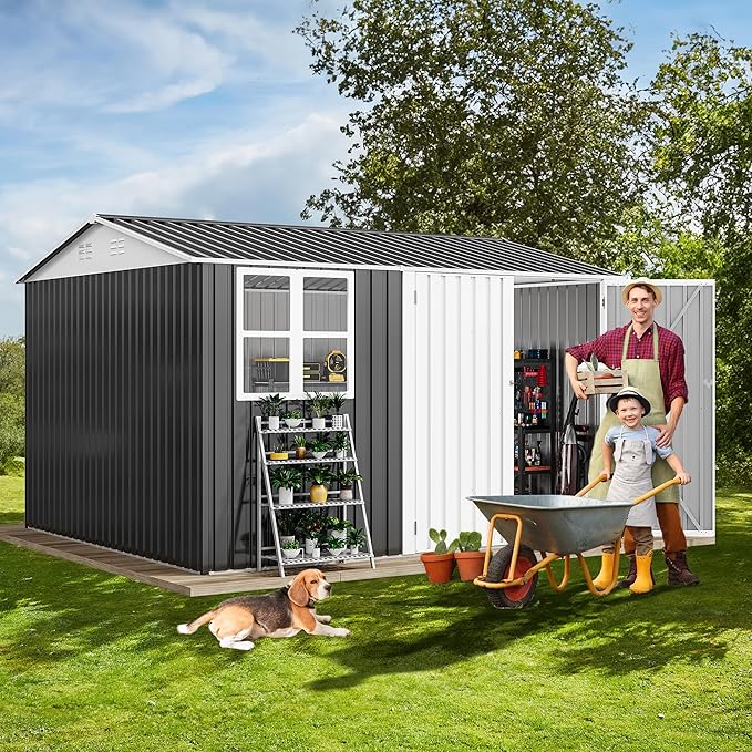 DWVO 10x10ft Large Tool Storage Shed with Window, Lockable Doors, and Sloped Roof, Oversized Steel Outdoor Storage Shed for Garden, Patio, Garage, Backyard, Lawn(Gray + White)